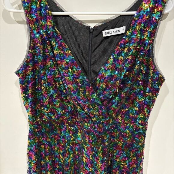 GRACE KARIN Sequin Multi Color Rainbow Faux Wrap Party Cocktail Mini Dress Sz M - Picture 5 of 6
